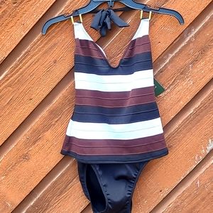 NWT Lauren, Ralph Lauren Brown Black and White One Piece Halter Swimsuit